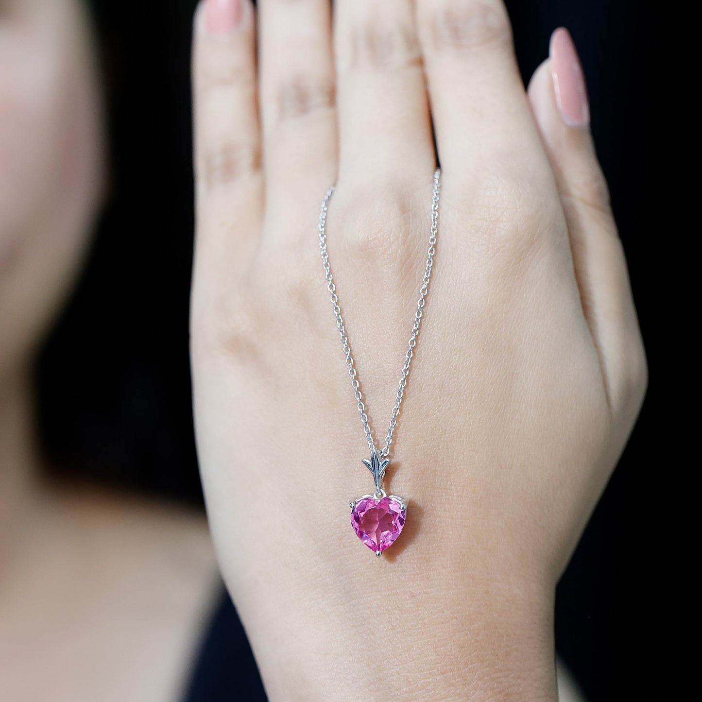 Certified 3.5 Carat Lab Created Pink Sapphire Heart Necklace with Silver Chain