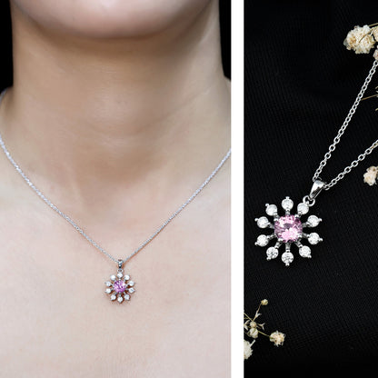 Lab Created Pink Sapphire and Diamond Flower Pendant Necklace