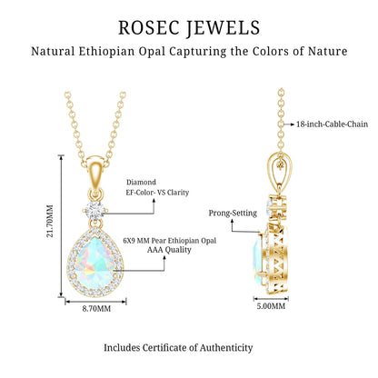 1 Carat Ethiopian Opal Teardrop Necklace with Diamond Halo
