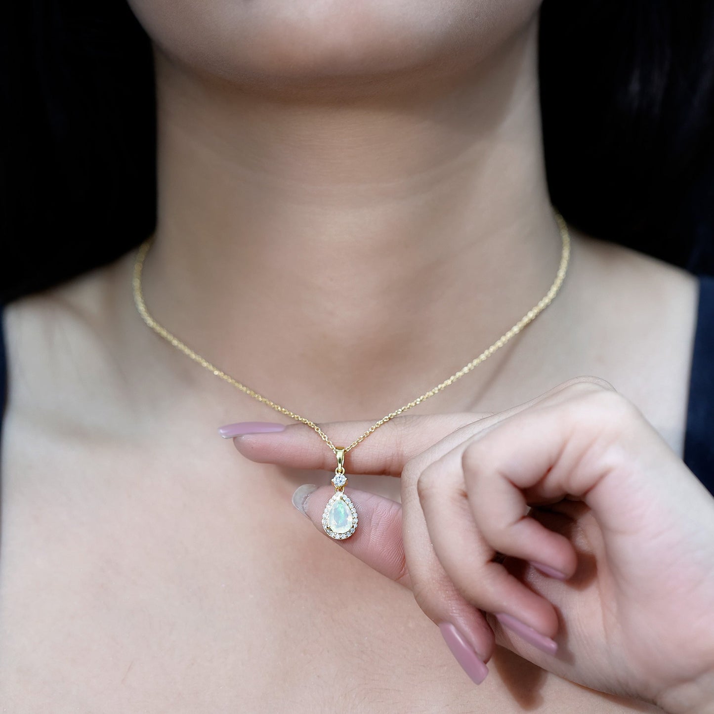1 Carat Ethiopian Opal Teardrop Necklace with Diamond Halo
