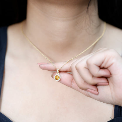 Natural 0.9 Carat Citrine and Diamond Halo Necklace with Silver Chain