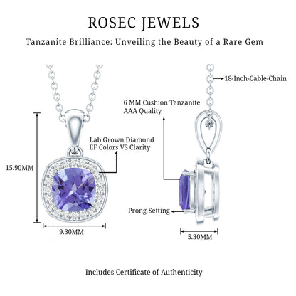 Cushion Cut 1.2 Carat Tanzanite Necklace with Lab Diamond Halo
