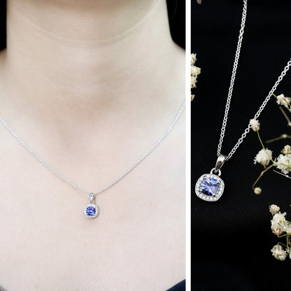 Cushion Cut 1.2 Carat Tanzanite Necklace with Lab Diamond Halo