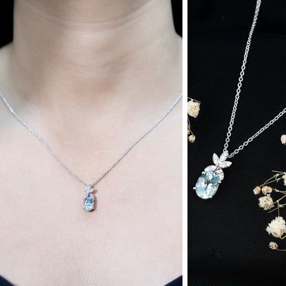 Natural 1.7 CT Oval Aquamarine Flower Necklace with Lab Grown Diamonds