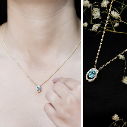 Natural Sky Blue Topaz Diamond Oval Locket with Chain