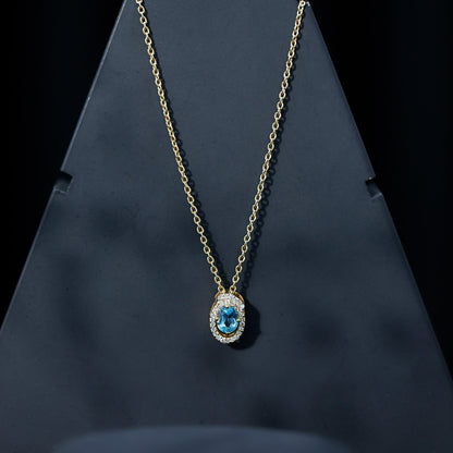 Natural Sky Blue Topaz Diamond Oval Locket with Chain