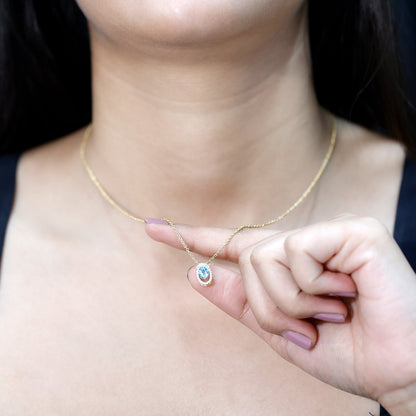Natural Sky Blue Topaz Diamond Oval Locket with Chain