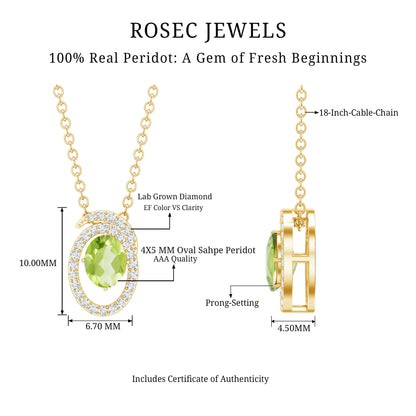 Certified Oval Peridot Pendant Necklace with Lab Diamond