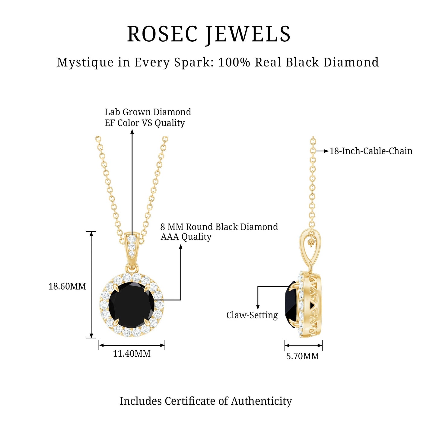 Natural 2.3 Carat Round Shaped Black and White Diamond Halo Necklace with Chain
