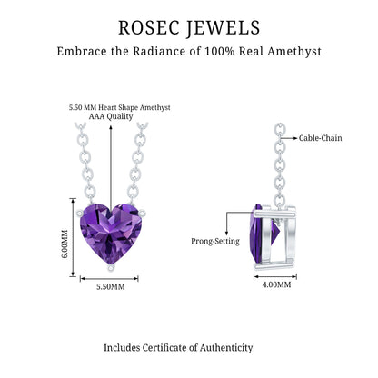 Real Amethyst Heart Necklace with Chain in Sterling Silver