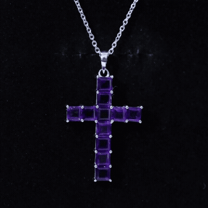 Princess Cut Amethyst Cross Pendant Necklace with Silver Chain