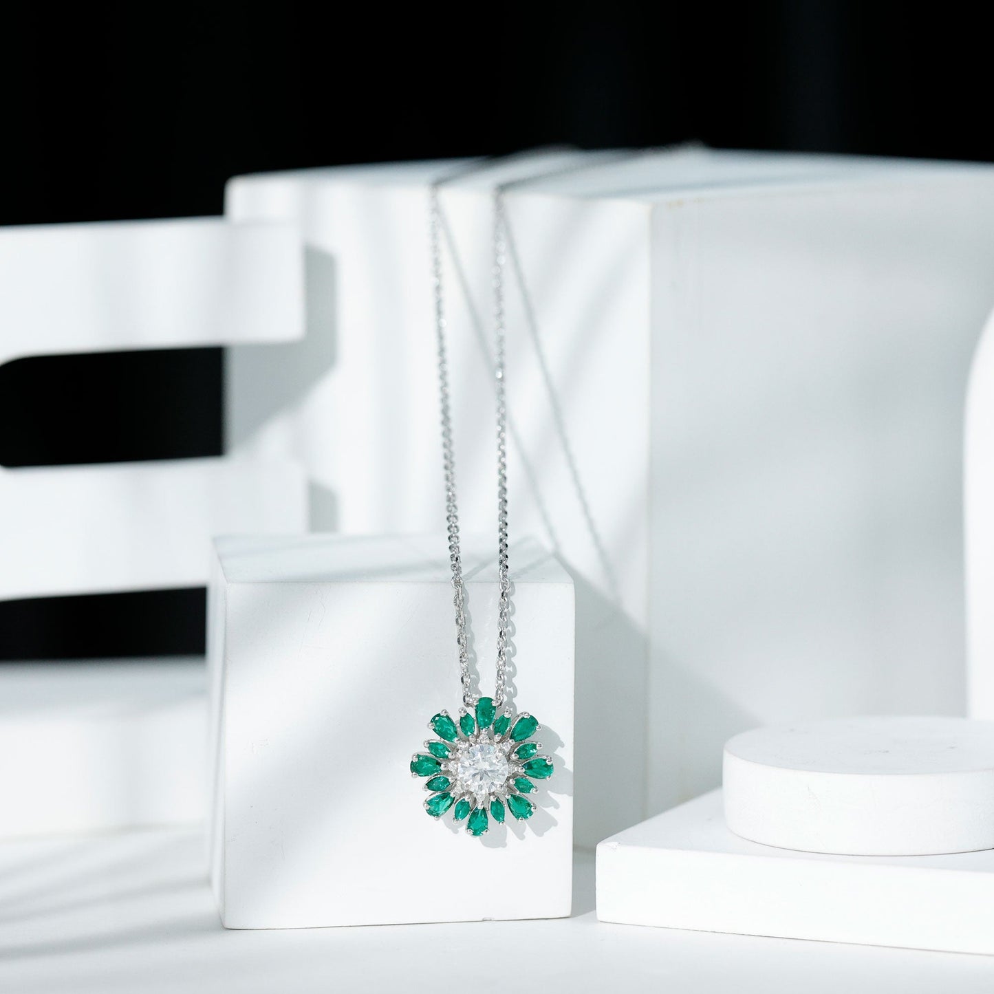 Certified Moissanite Flower Designer Necklace With Lab Emerald