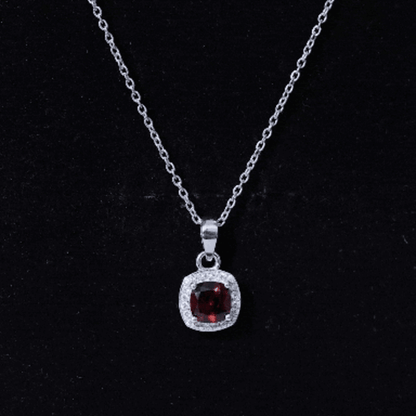 Natural 3 Carat Garnet Halo Necklace with Silver Chain