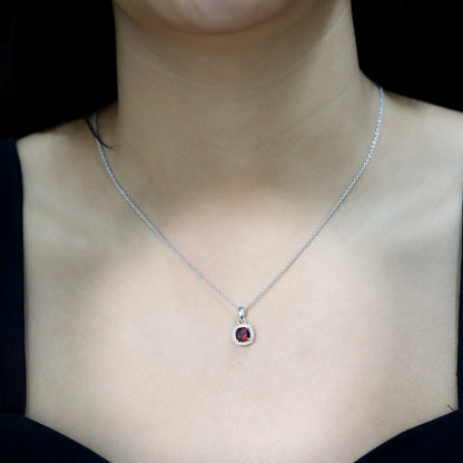 Natural 3 Carat Garnet Halo Necklace with Silver Chain