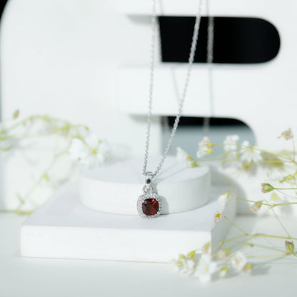 Natural 3 Carat Garnet Halo Necklace with Silver Chain
