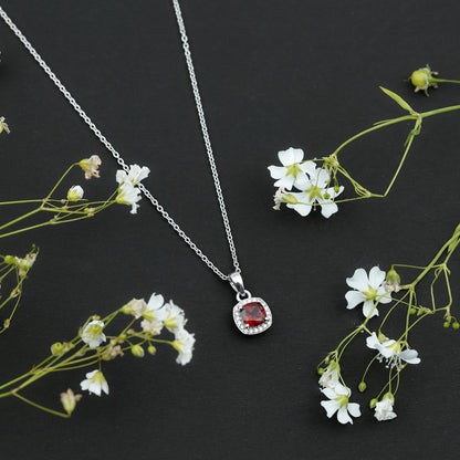 Natural 3 Carat Garnet Halo Necklace with Silver Chain
