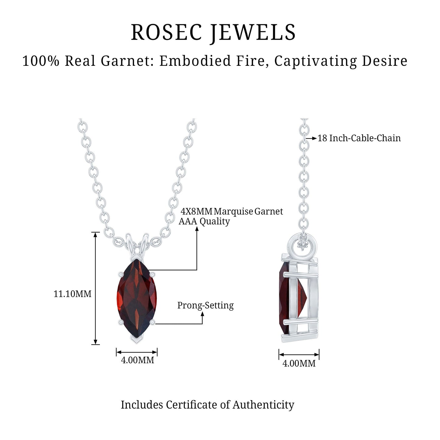 Real 0.75 Carat Garnet Marquise Necklace with Chain