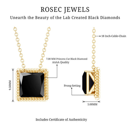 3 Carat Princess Cut Lab Created Black Diamond Necklace with Silver Chain
