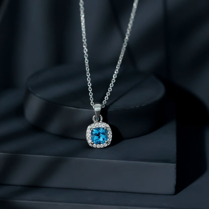 Natural Cushion Cut Swiss Blue Topaz Moissanite Halo Necklace with Silver Chain