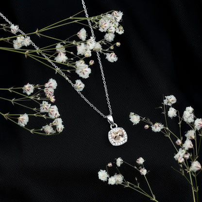 Natural Cushion Cut 1 Carat Morganite Necklace with Moissanite Halo
