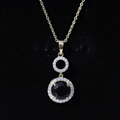 Natural 2 CT Round Black Onyx Necklace with Diamond Halo