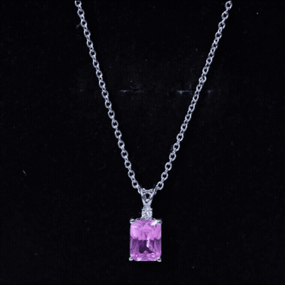 Emerald Cut 1.75 Carat Lab Grown Pink Sapphire Solitaire Necklace with Diamond