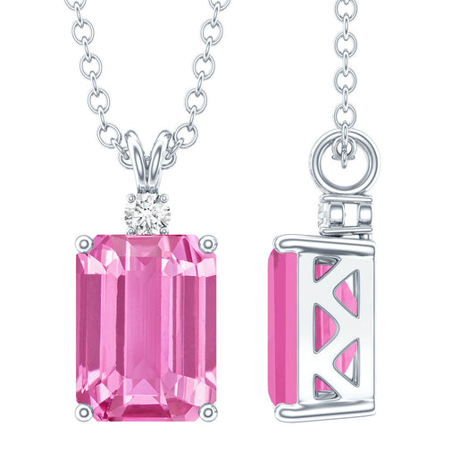 Emerald Cut 1.75 Carat Lab Grown Pink Sapphire Solitaire Necklace with Diamond