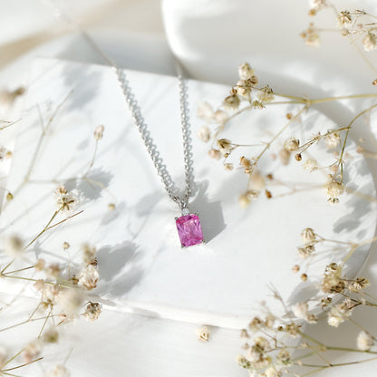 Emerald Cut 1.75 Carat Lab Grown Pink Sapphire Solitaire Necklace with Diamond