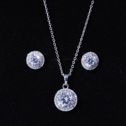 Certified 4 Carat Round Cubic Zirconia Halo Necklace and Earrings in Silver