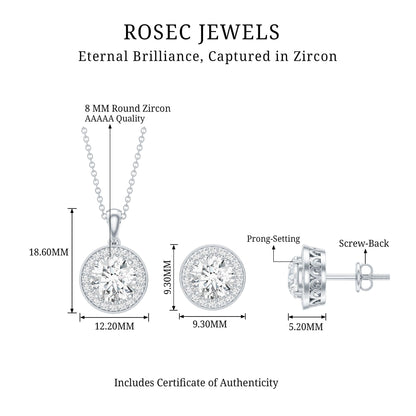 Certified 4 Carat Round Cubic Zirconia Halo Necklace and Earrings in Silver
