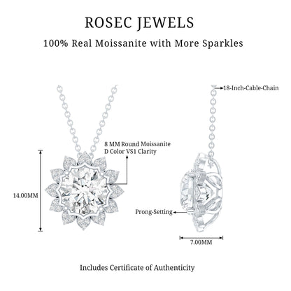 Certified 2 Carat Moissanite Sunflower Pendant Necklace with Silver Chain