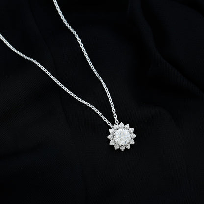 Certified 2 Carat Moissanite Sunflower Pendant Necklace with Silver Chain