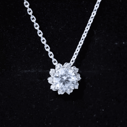 Certified 2 Carat Round Moissanite Sunburst Necklace With Silver Chain