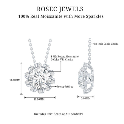 Certified 2 Carat Round Moissanite Sunburst Necklace With Silver Chain