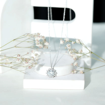 Certified 2 Carat Round Moissanite Sunburst Necklace With Silver Chain