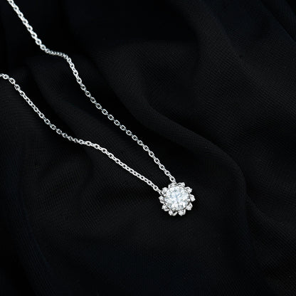 Certified 2 Carat Round Moissanite Sunburst Necklace With Silver Chain
