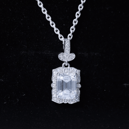 2.8 Carat Vintage Inspired Moissanite Emerald Cut Necklace With Silver Chain