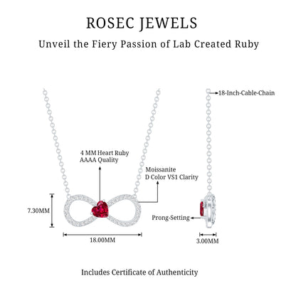 Half Carat Lab Grown Ruby and Moissanite Heart Infinity Necklace For Her