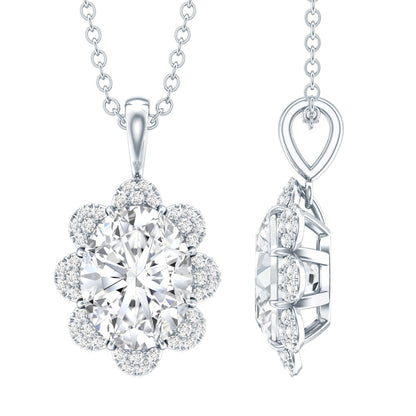 2 Carat Flower Inspired Moissanite Oval Necklace with Silver Chain