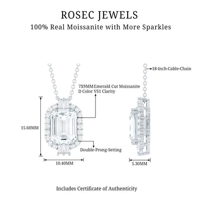 Vintage Inspired 2.8 Carat Emerald Cut Moissanite Halo Necklace