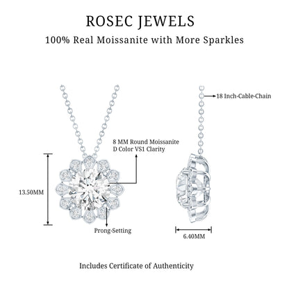 Certified 2 CT Moissanite Statement Flower Necklace with Silver Chain