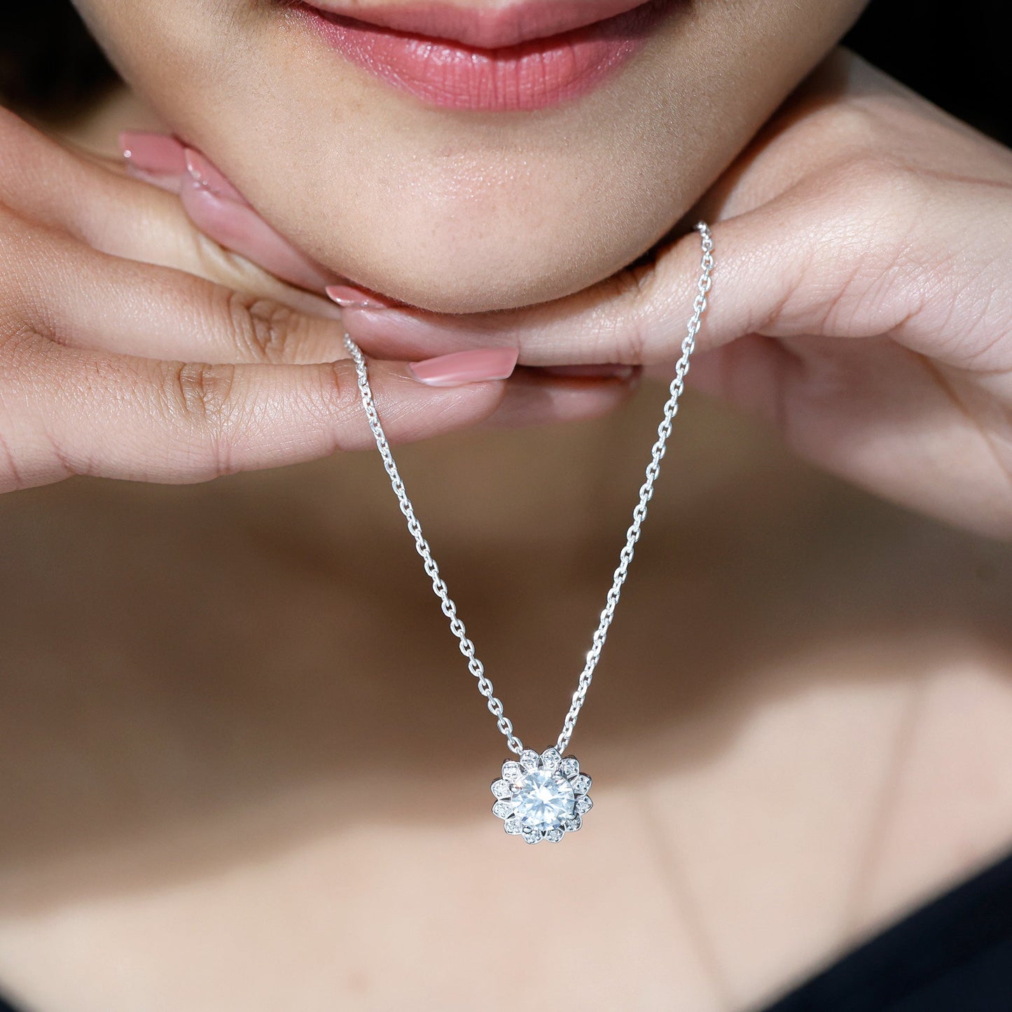 Certified 2 CT Moissanite Statement Flower Necklace with Silver Chain