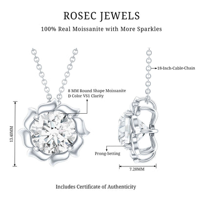 2 Carat Solitaire Moissanite Flower Pendant with Silver Chain