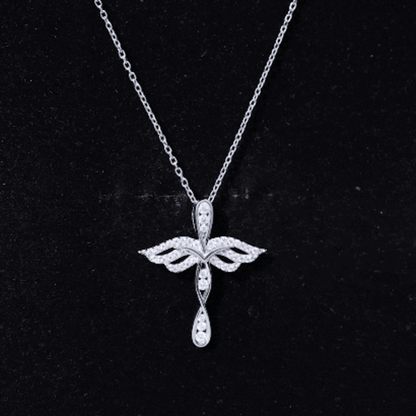Certified Moissanite Angel Wings Cross Necklace with Silver Chain