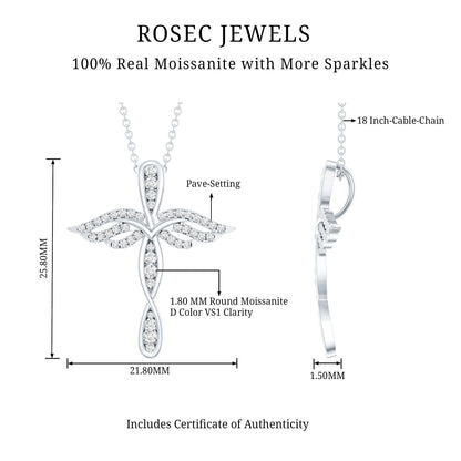 Certified Moissanite Angel Wings Cross Necklace with Silver Chain