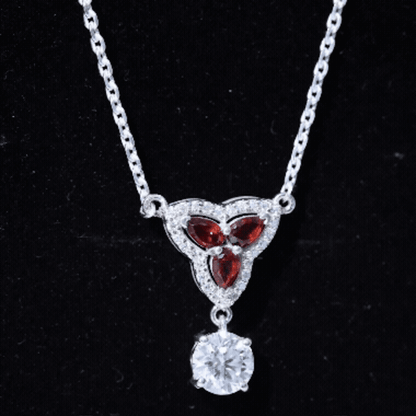 Certified Moissanite and Garnet Designer Bridal Necklace in Silver