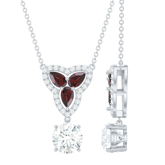 Certified Moissanite and Garnet Designer Bridal Necklace in Silver