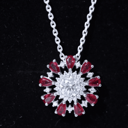 Certified 1.3 Carat Moissanite Statement Flower Necklace with Lab Grown Ruby