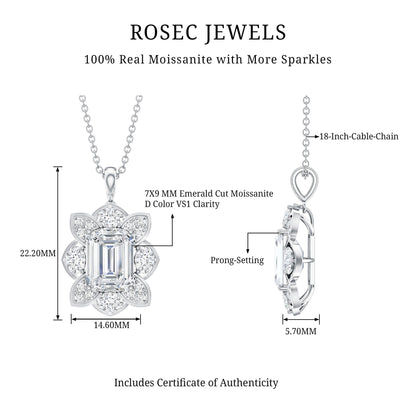 Certified 2.8 Carat Emerald Cut Moissanite Designer Necklace With Silver Chain