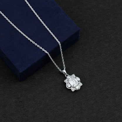 Certified 2.8 Carat Emerald Cut Moissanite Designer Necklace With Silver Chain